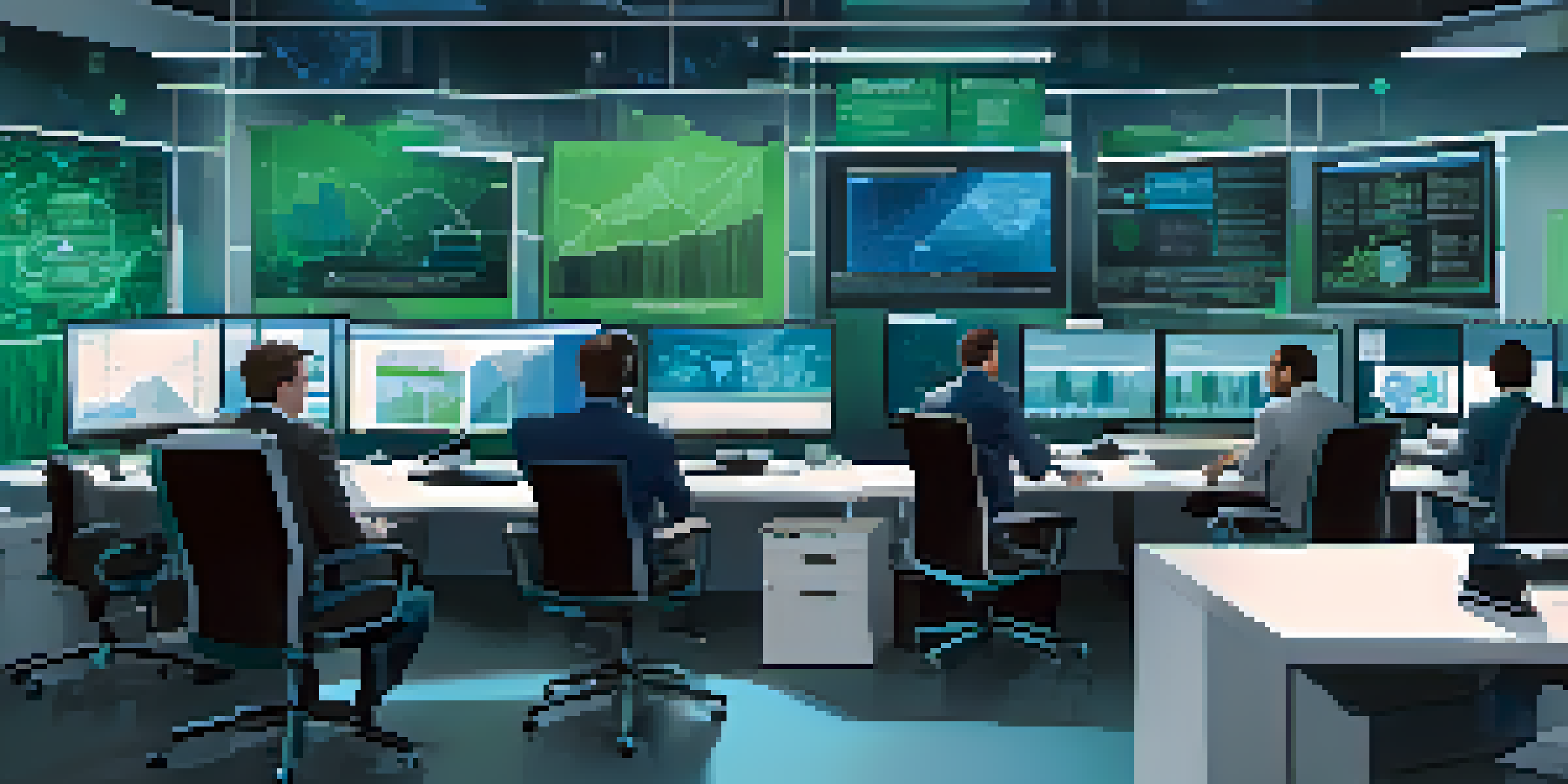 A diverse team of cybersecurity professionals working together in a modern office, with high-tech monitors and natural light.