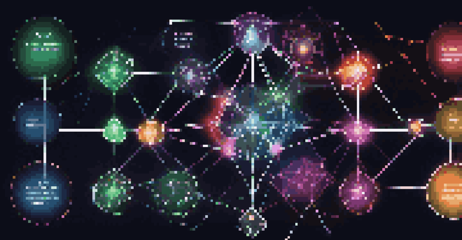An artistic representation of a DAO symbol with interconnected nodes labeled with governance terms, glowing in various colors.