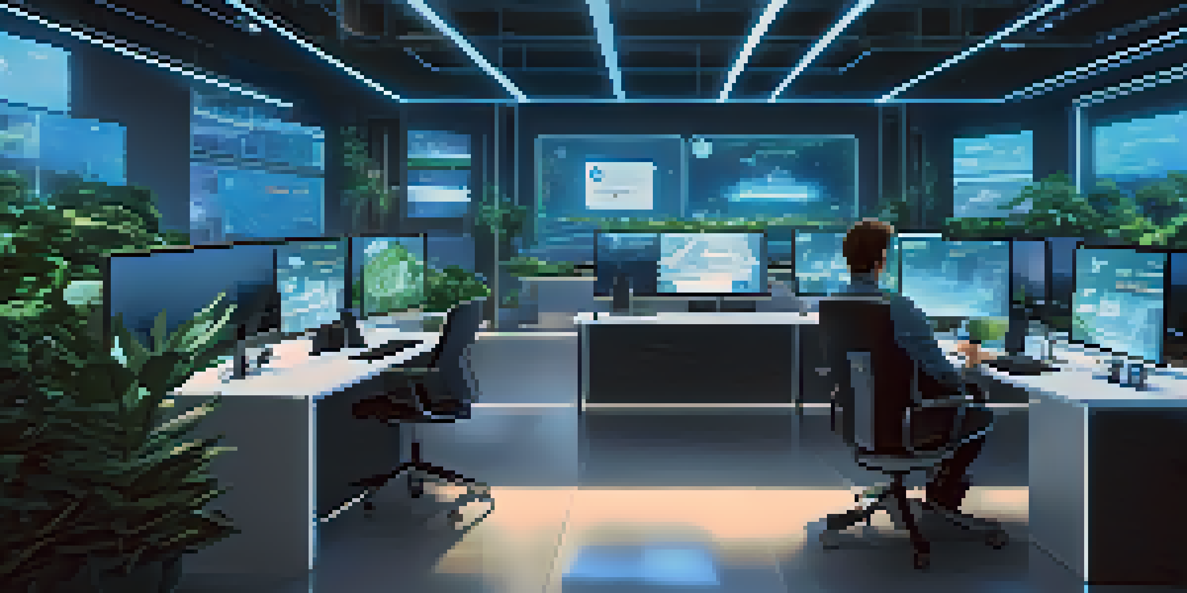 A person working at a modern desk with multiple screens showing blockchain and smart contracts, surrounded by plants and soft blue lighting.