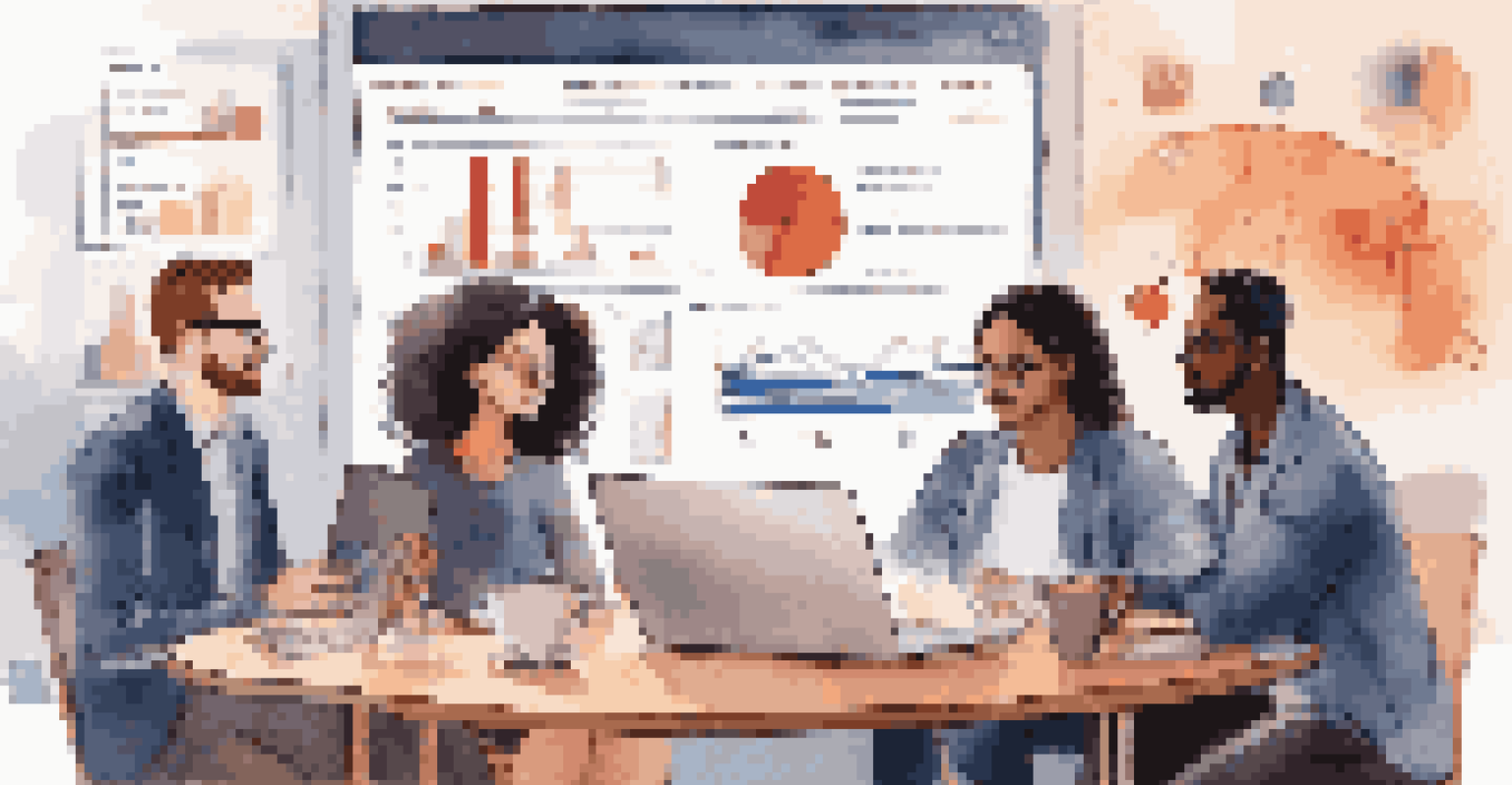 A diverse marketing team discussing chatbot performance data around a table, with a laptop displaying charts and graphs in a warm, inviting setting.