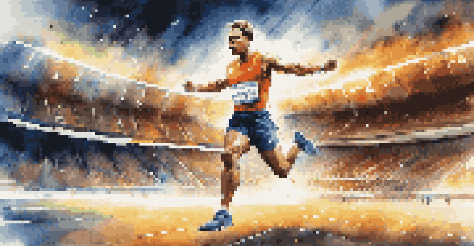 An athlete enhanced by AI technologies, depicted in motion with a blur effect, competing in a stadium filled with cheering crowds and bright lights.