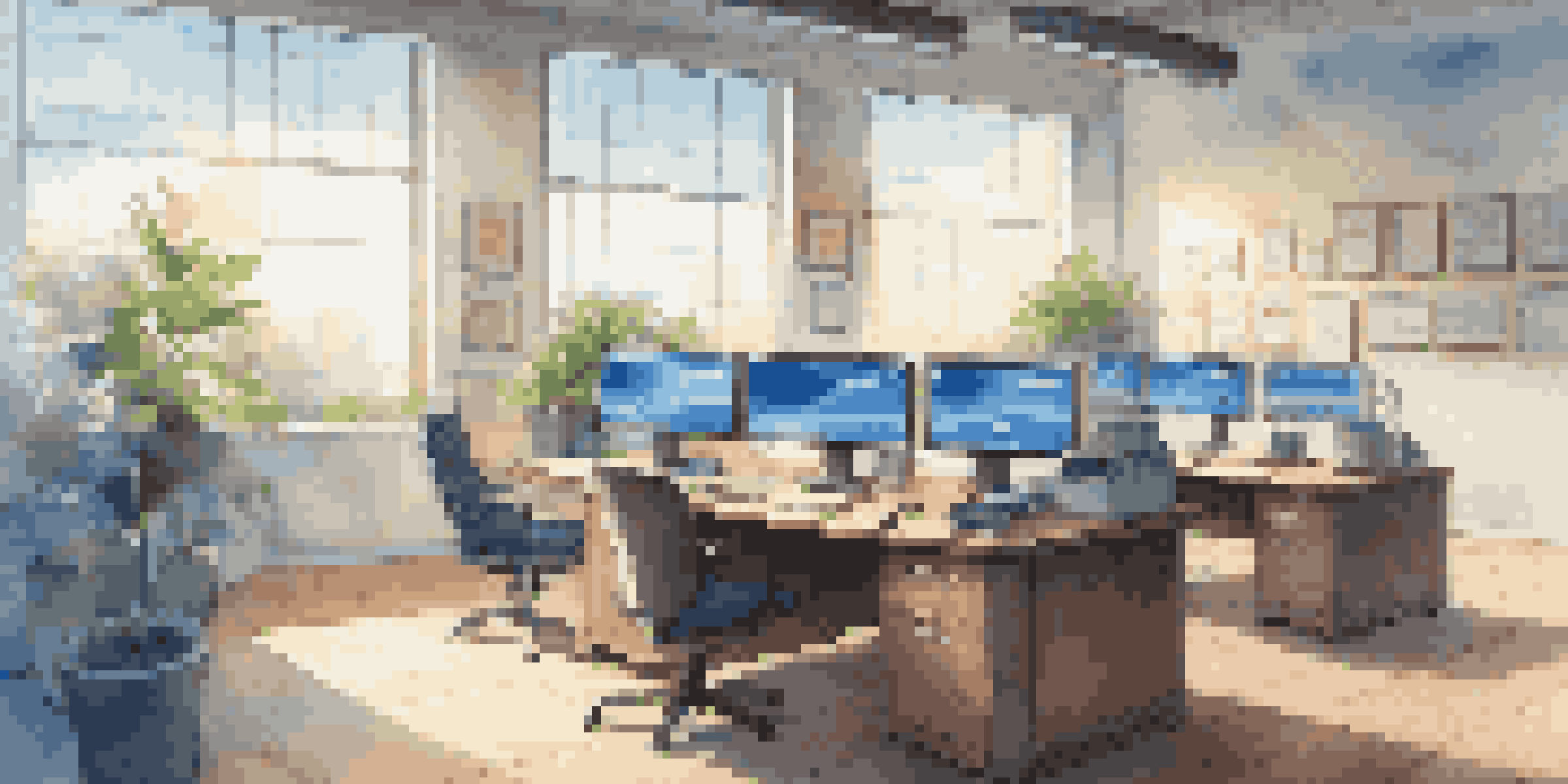 A modern office space with computer screens showing cloud service dashboards, sunlight streaming through windows, and a wooden desk with a plant and coffee mug.