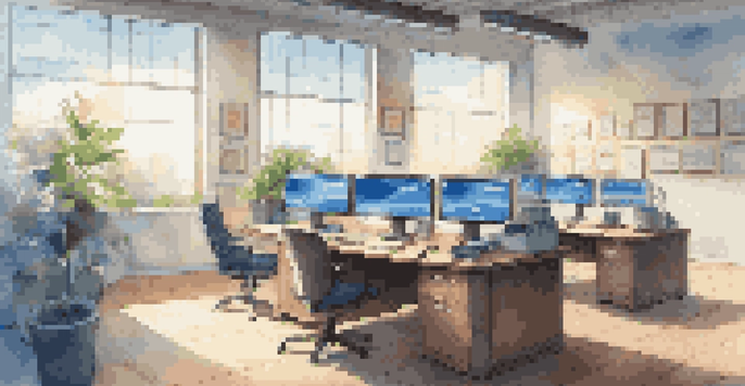 A modern office space with computer screens showing cloud service dashboards, sunlight streaming through windows, and a wooden desk with a plant and coffee mug.