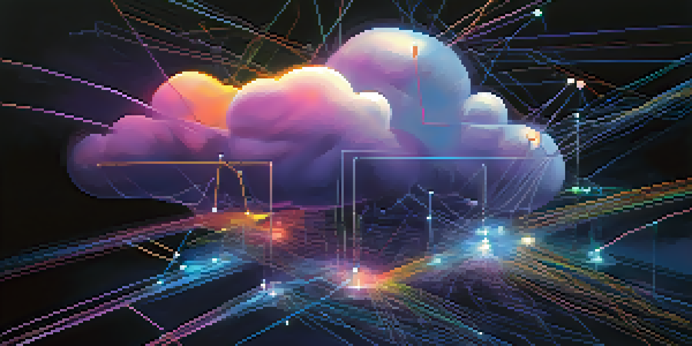 A digital artwork showing interconnected nodes representing cloud computing, with bright lines symbolizing data flow against a dark background, illuminated by blue and purple light.