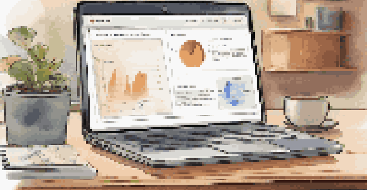 A laptop screen showing a learning management system with training modules, placed on a desk with a coffee cup and notepad.