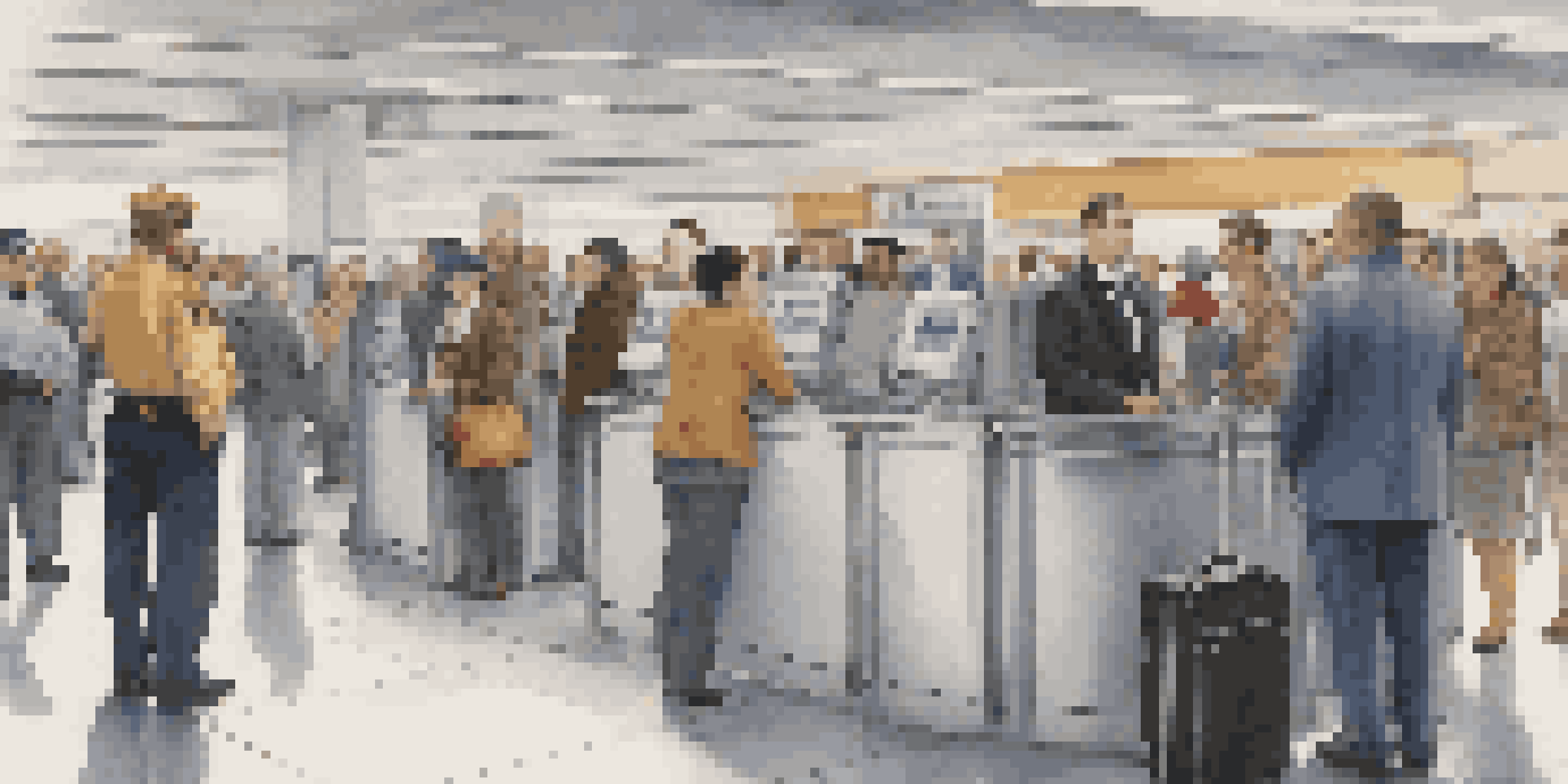 A busy airport security area with travelers interacting with a security officer, showcasing a vibrant and diverse atmosphere.