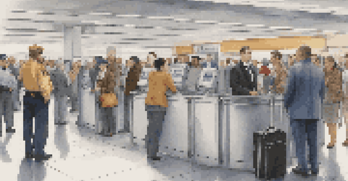 A busy airport security area with travelers interacting with a security officer, showcasing a vibrant and diverse atmosphere.
