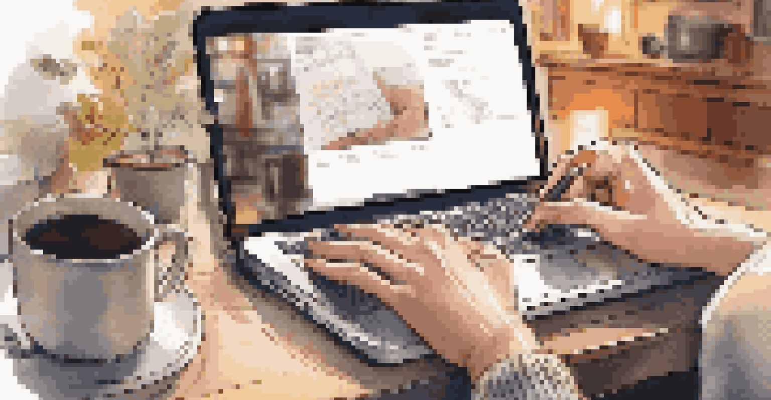 Close-up of hands typing on a laptop in a cozy café with a notepad and coffee mug on the table.