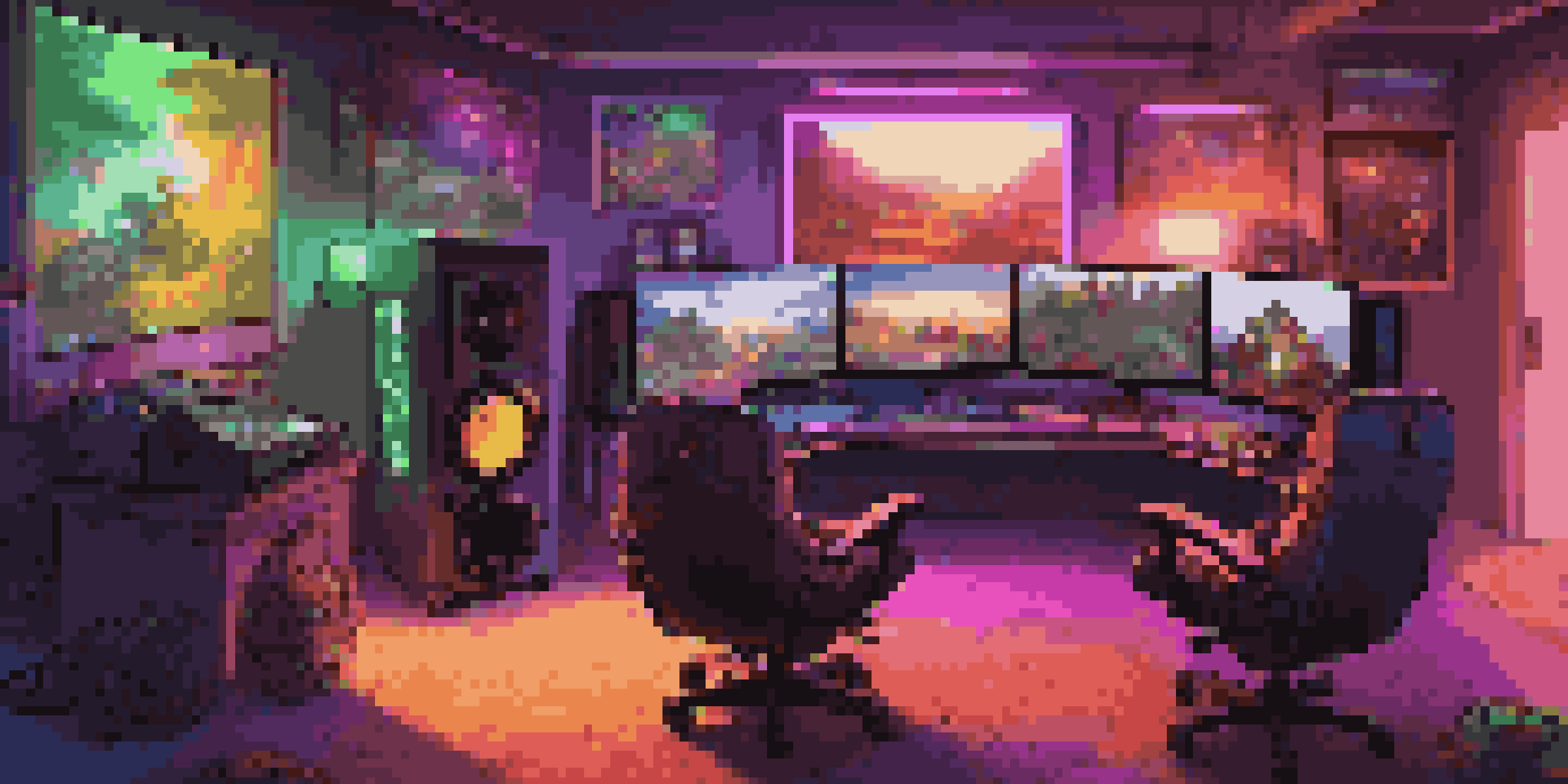 A colorful gaming room with LED lights and multiple monitors showing a fantasy landscape, plush chairs, and video game posters.