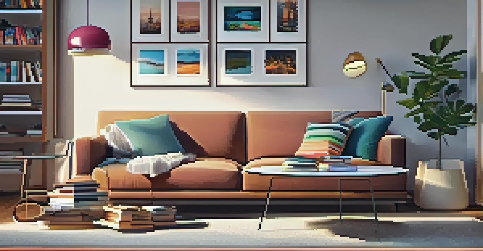 A cozy living room with a sofa, coffee table, smart speaker, and a TV displaying a streaming service.