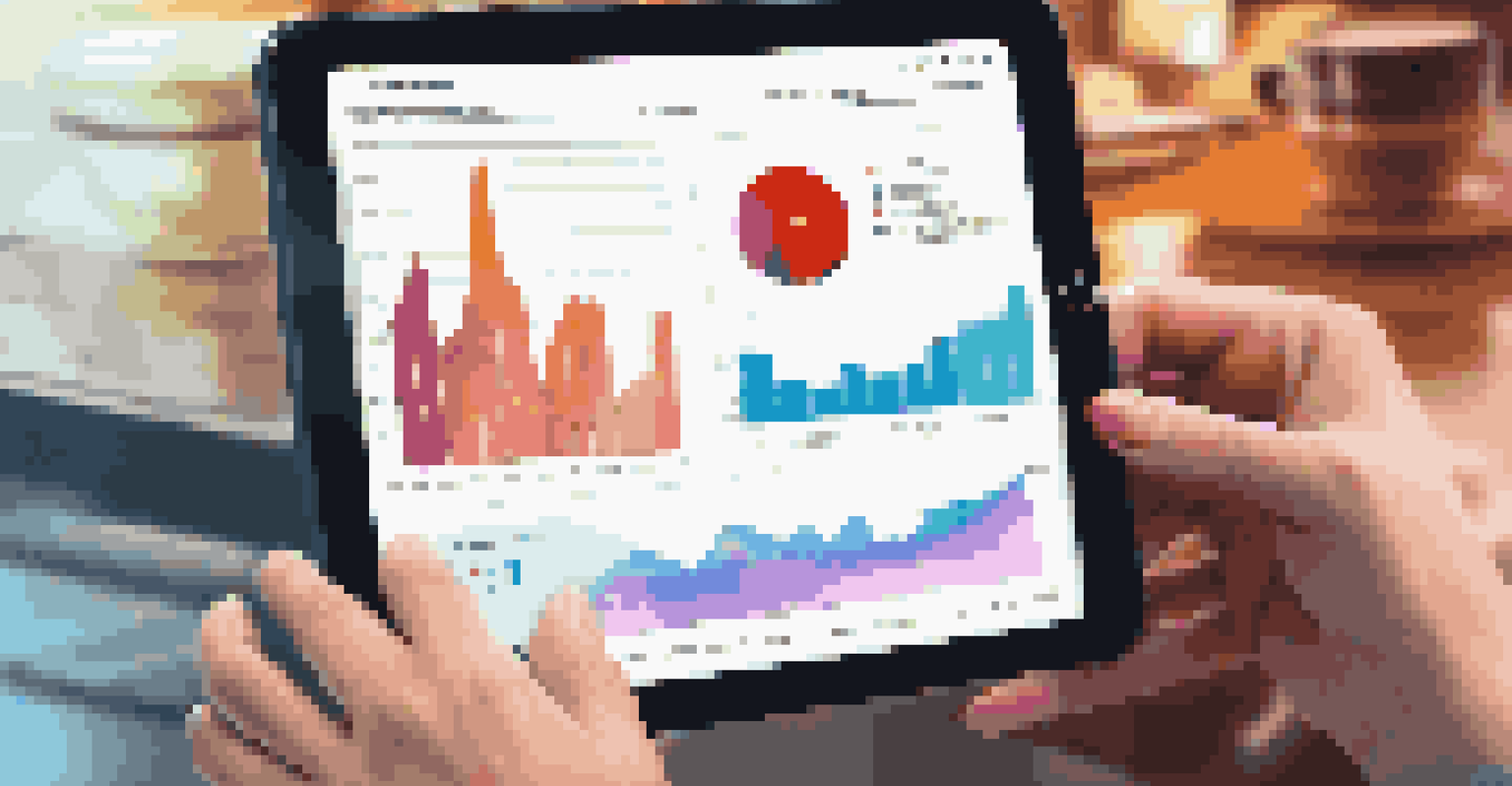 A hand interacting with a tablet displaying a colorful augmented analytics dashboard in a cozy café.