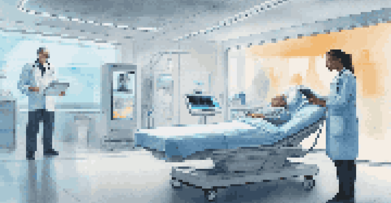 A healthcare setting with a patient monitoring device and a healthcare professional analyzing data, highlighting edge computing technology.
