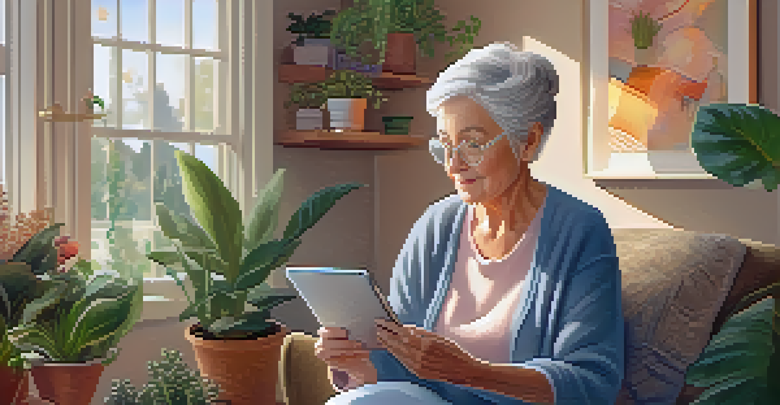 An elderly woman attentively using a tablet in a cozy living room, with a health app interface visible on the screen.