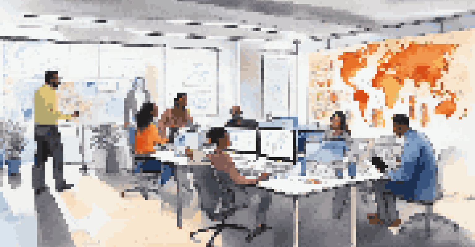 A diverse group of employees in a collaborative workspace discussing cybersecurity strategies with a whiteboard filled with notes in the background.