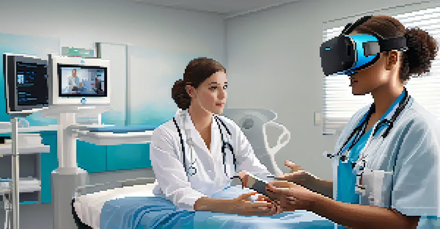 A healthcare professional using virtual reality to practice patient interactions in a realistic hospital setting.