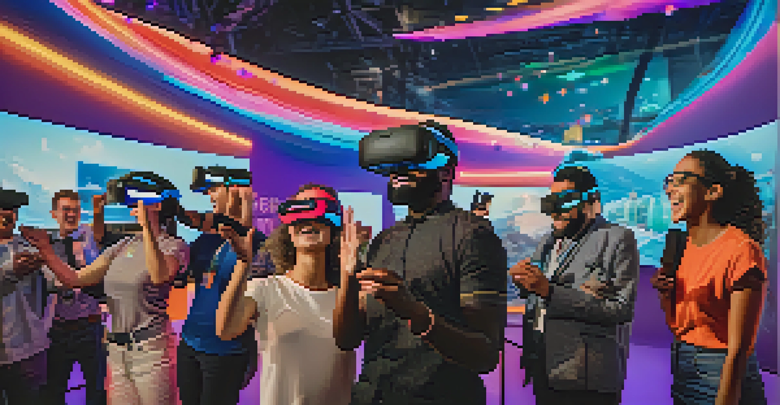 Diverse individuals enjoying a virtual reality experience at a tech expo, wearing VR headsets and surrounded by colorful lights.