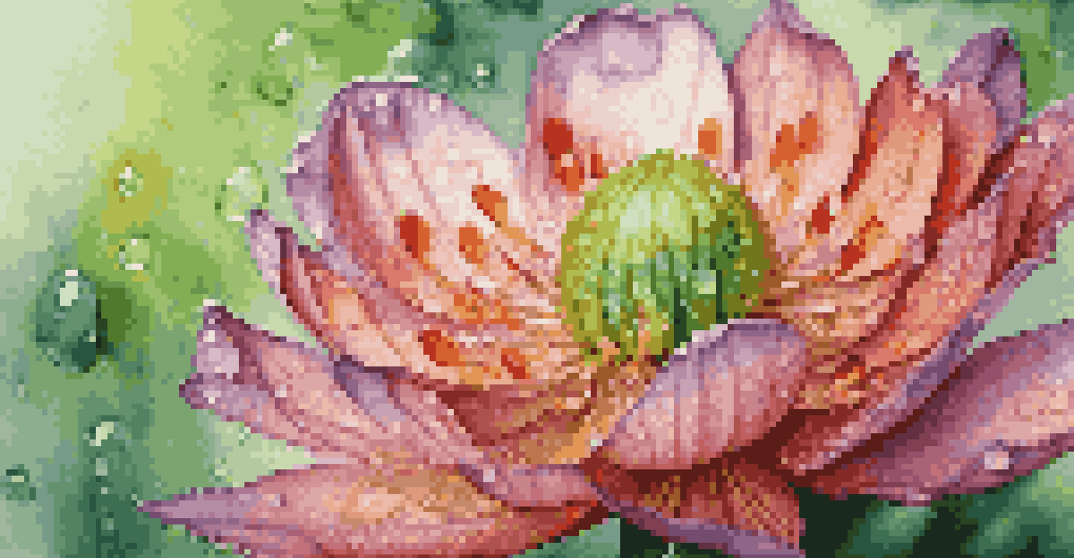 A close-up of a blooming flower with vibrant petals and dew drops in soft morning light.