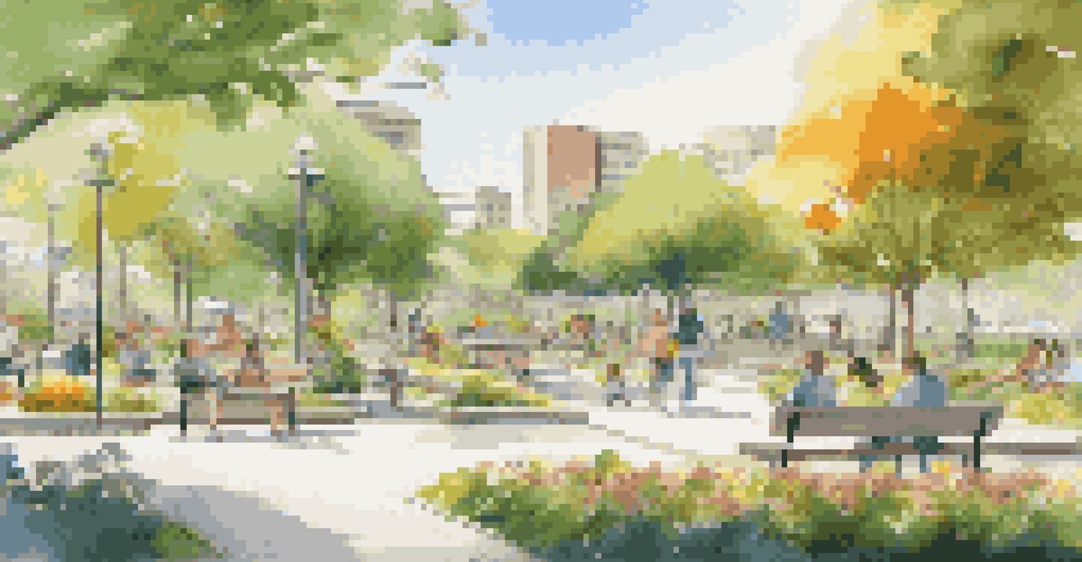 A peaceful park in a smart city with families, children, and seniors, featuring smart technology elements.