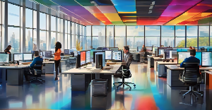 A modern office workspace featuring a team of professionals collaborating on software testing, with computer screens displaying test results.