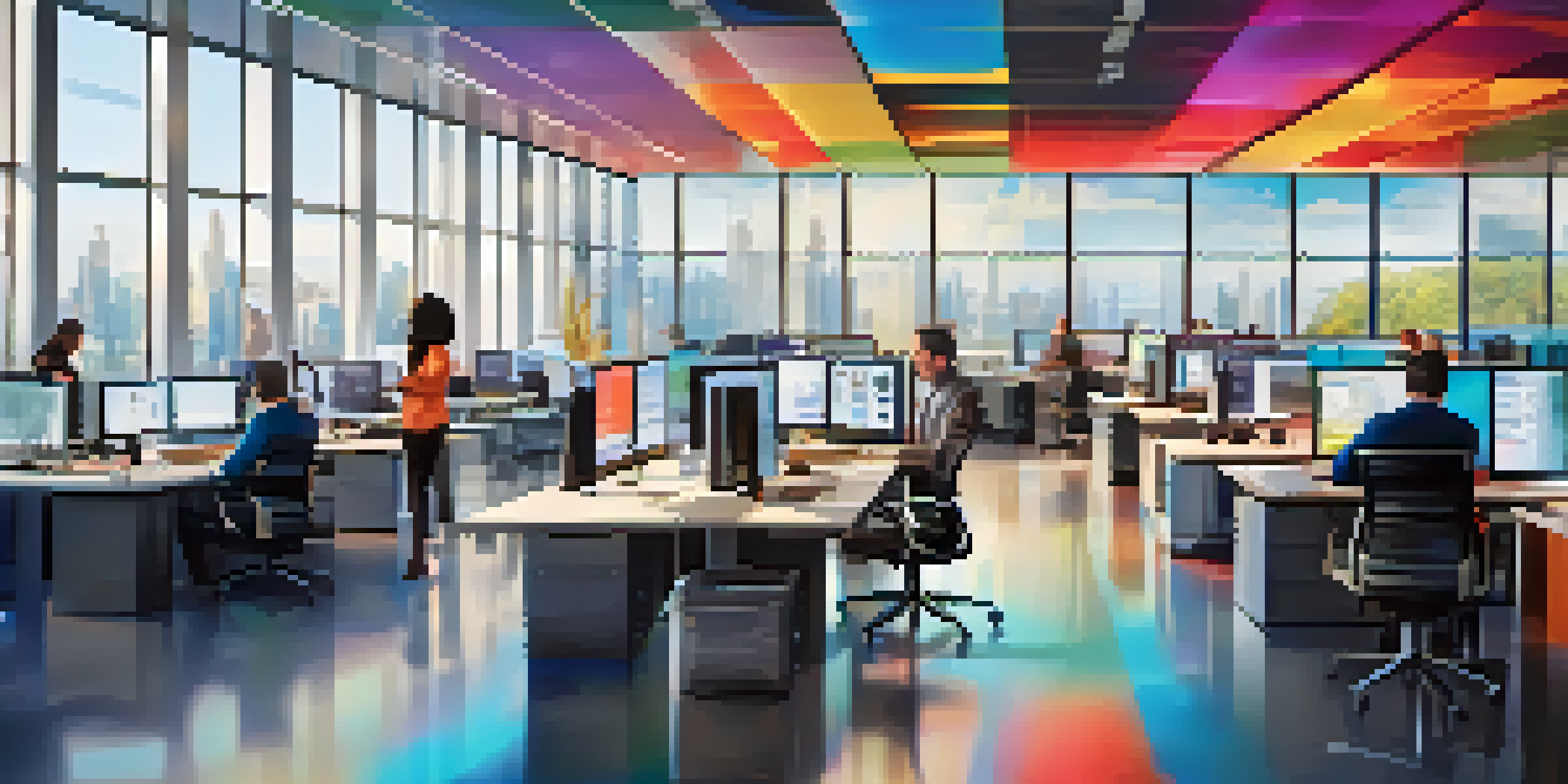 A modern office workspace featuring a team of professionals collaborating on software testing, with computer screens displaying test results.