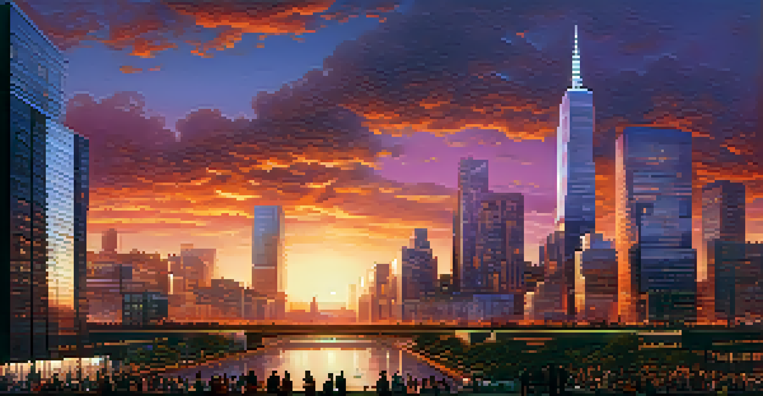 A modern city skyline at sunset with diverse people discussing technology and ethics, blending Western and Indigenous architectural styles.