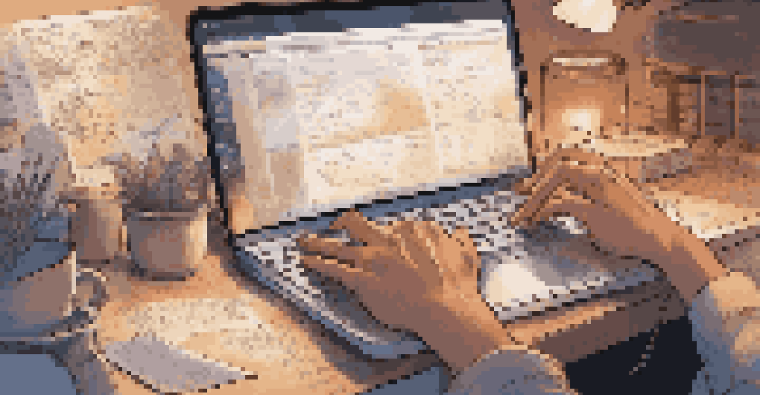 A close-up of hands typing on a laptop with notes and code snippets on the desk, illuminated by warm light.