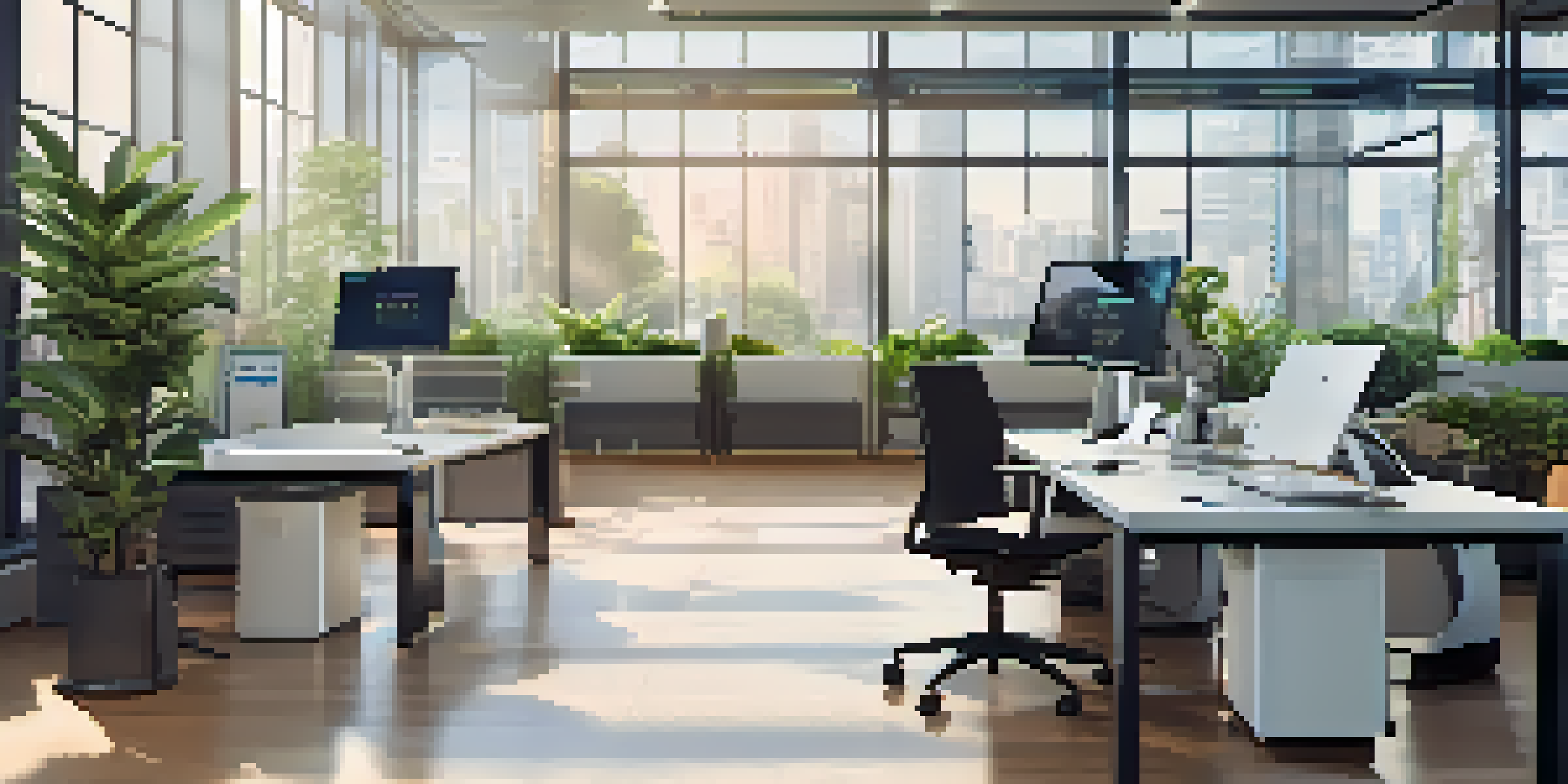 A modern office with a robotic arm organizing papers and displaying data analytics on a computer screen, illuminated by natural light.