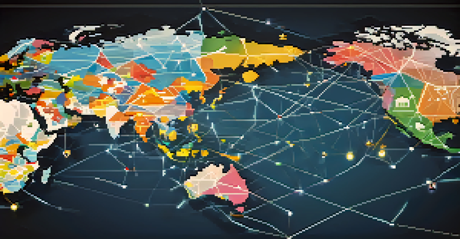 A world map with highlighted countries that have adopted open source software, featuring icons that represent transparency and innovation, connected by glowing digital lines.