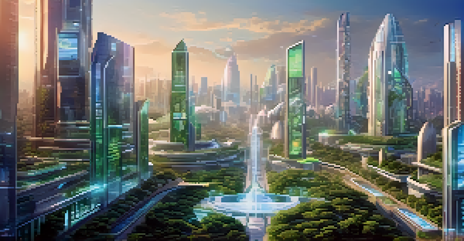 A futuristic cityscape with blockchain technology integrated into buildings, showcasing data transparency and sustainability.
