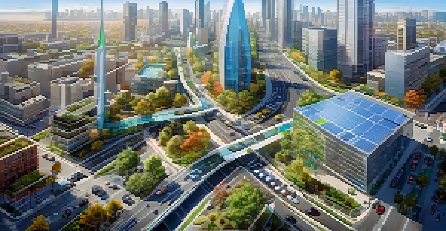 An aerial view of a smart city featuring electric vehicles, bike lanes, and solar panels, with drones monitoring traffic.