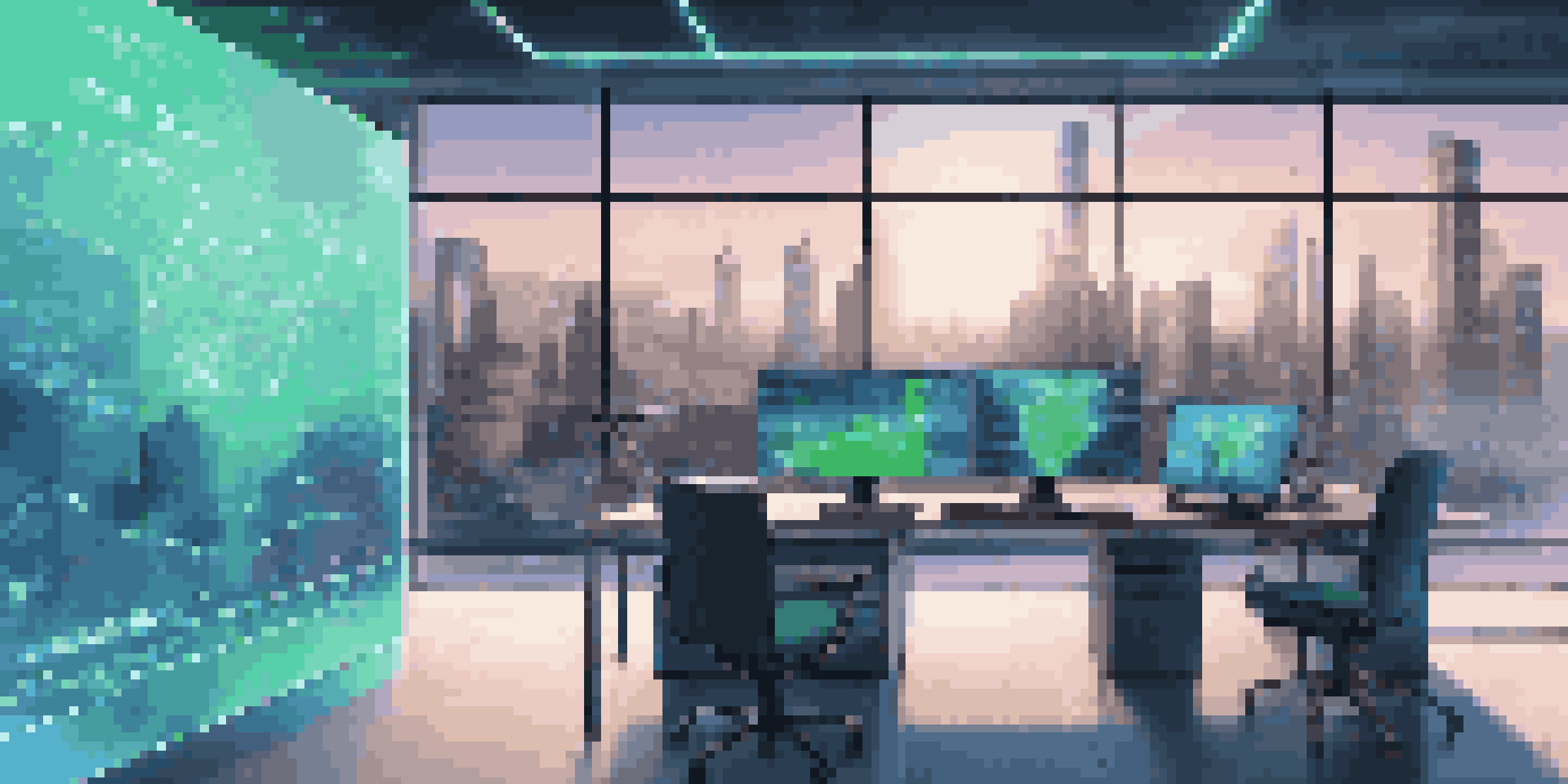 A modern office with a digital screen showing data analytics, illuminated by blue and green lights, showcasing IoT devices.