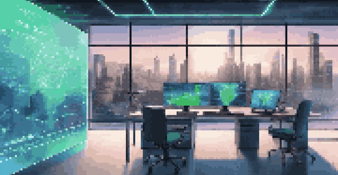 A modern office with a digital screen showing data analytics, illuminated by blue and green lights, showcasing IoT devices.