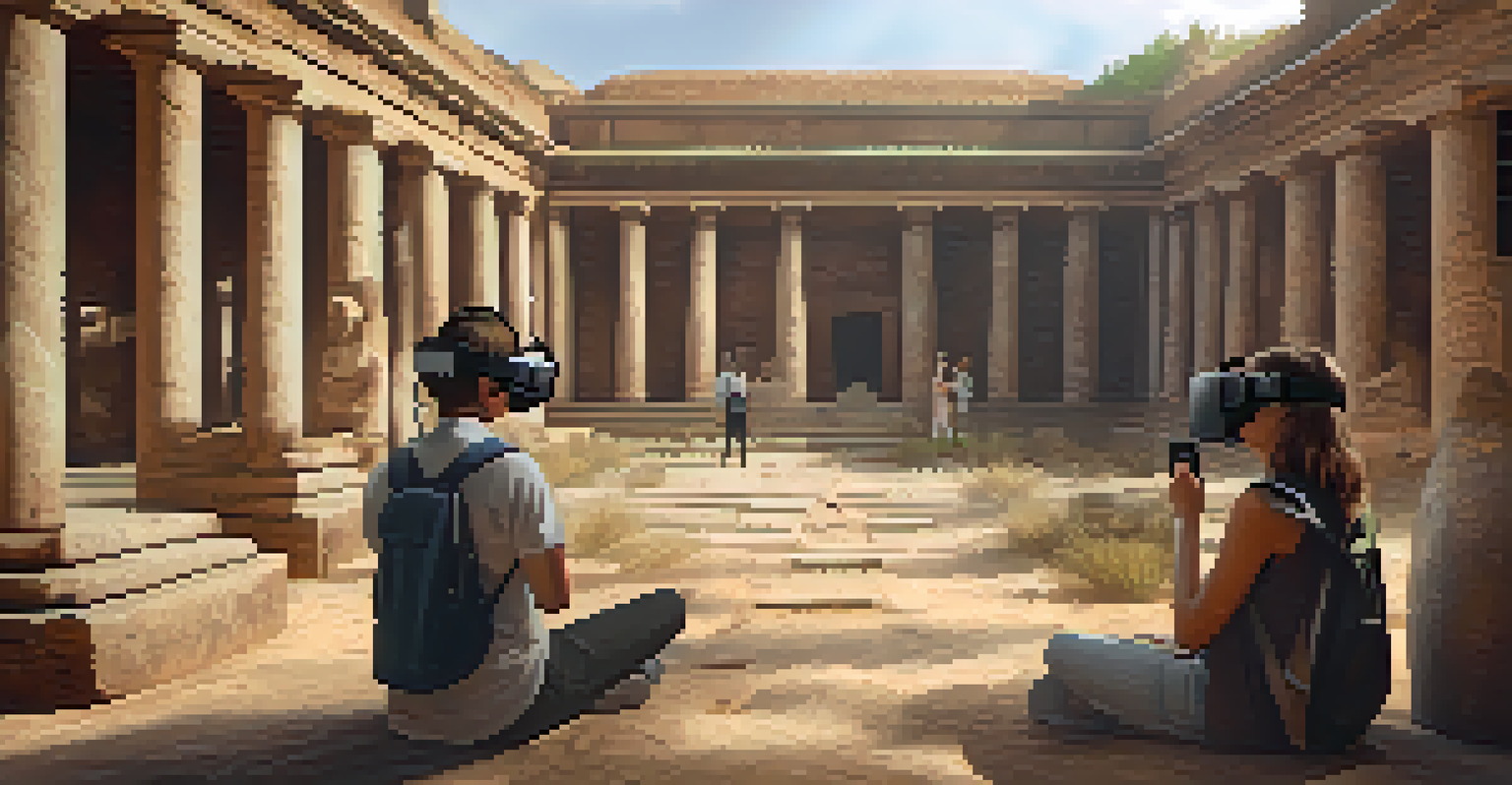 Students wearing VR headsets in a virtual reality classroom, exploring a historical site with ancient structures.