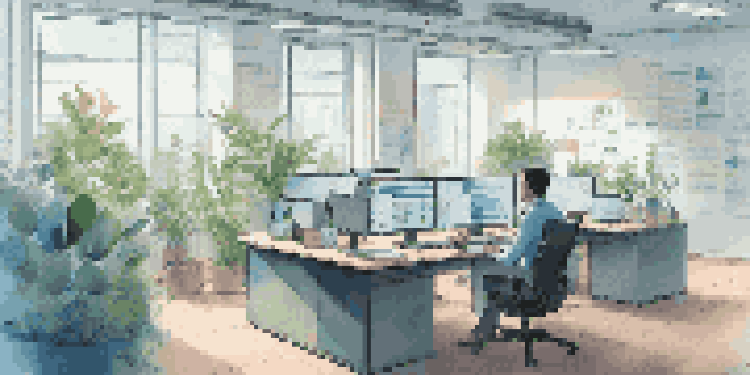 A data scientist working in a bright office with screens showing data privacy information, surrounded by plants.