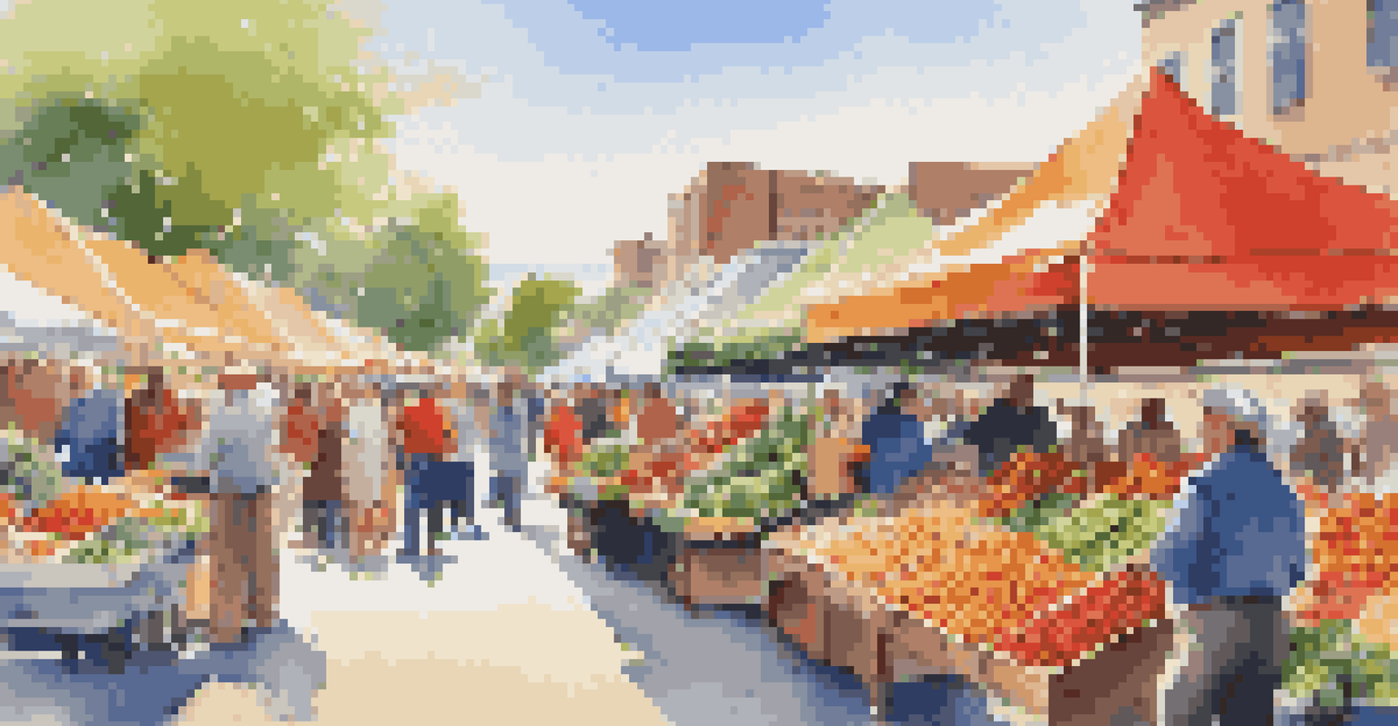 A lively farmer's market with colorful produce and smiling vendors.