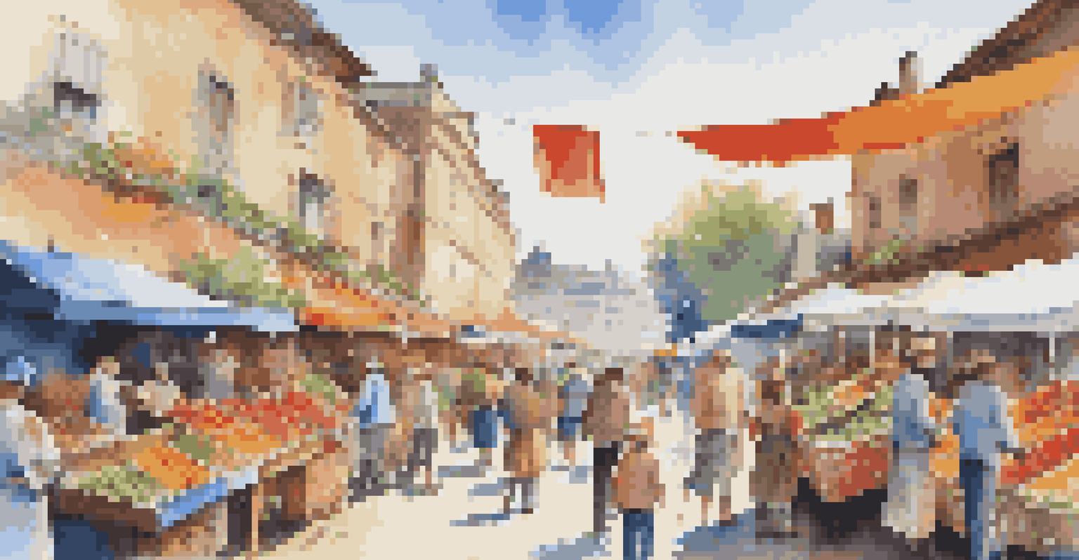 A vibrant outdoor market with colorful stalls selling fresh produce and crafts, bustling with shoppers under a clear blue sky.