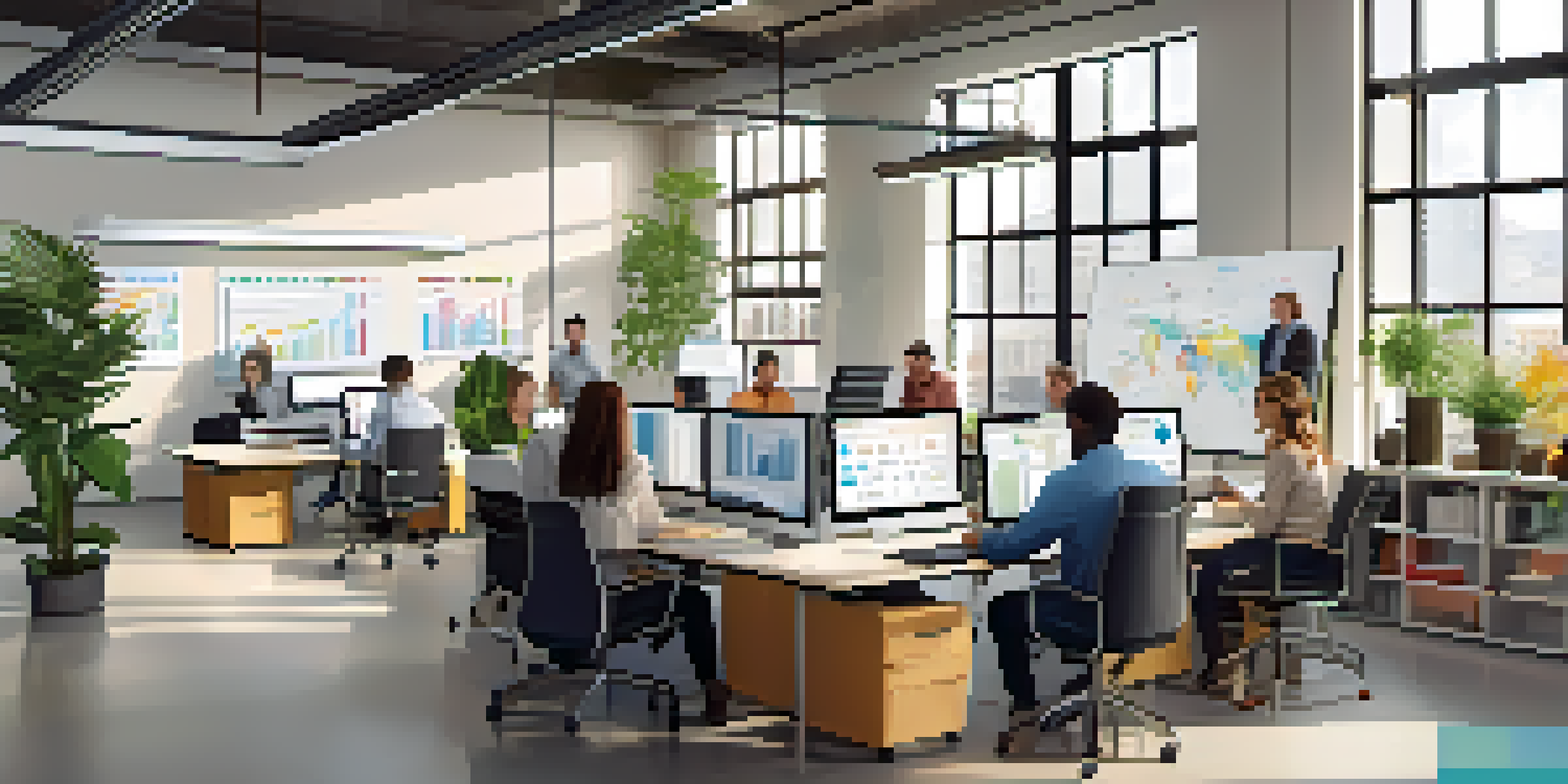 A diverse team in a modern office brainstorming with laptops and colorful charts, surrounded by large windows and plants.