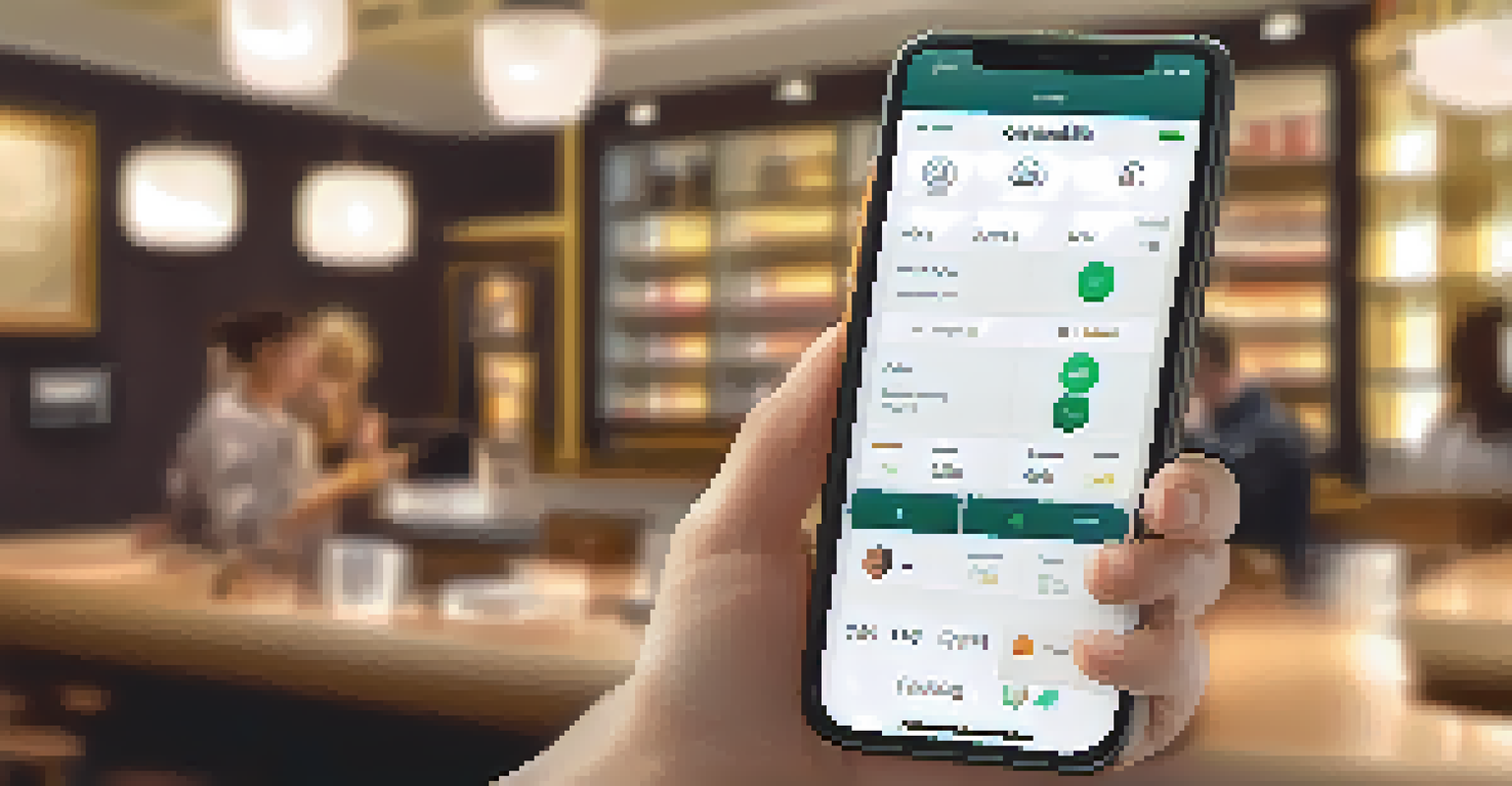 A close-up of a hand using a banking app on a smartphone, set in a cozy bank environment with warm lighting.