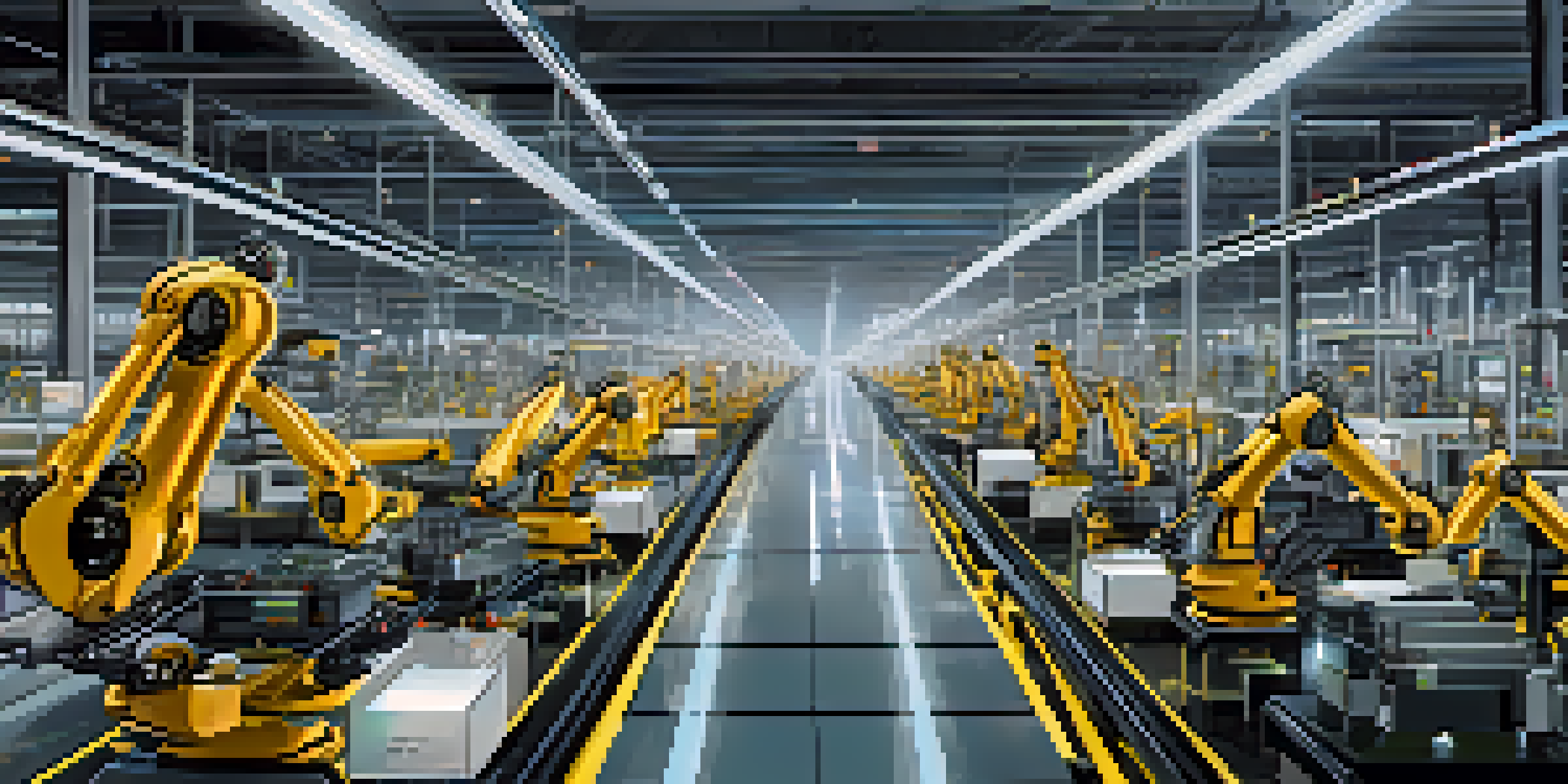 A futuristic assembly line featuring robotic arms working on cars, with visible sensors and a digital display showing maintenance data.