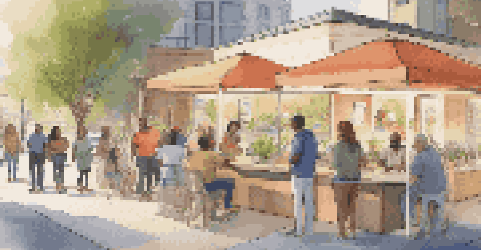 A diverse group of residents engaging around a digital kiosk in a community space during the evening.