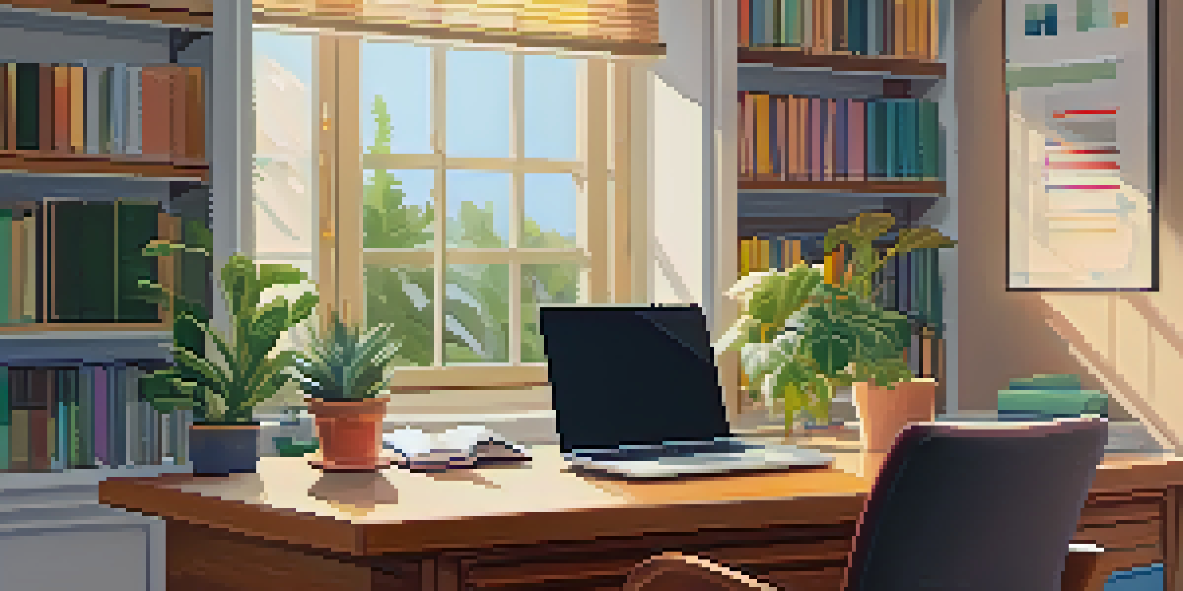 A bright office space with a desk, laptop, notepad, coffee cup, plants, and a bookshelf filled with books.