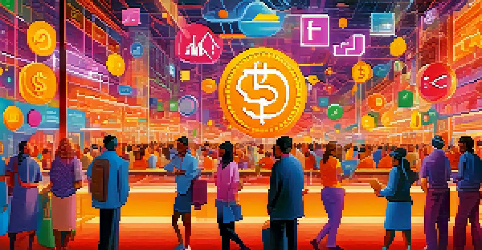An abstract depiction of a decentralized finance marketplace with diverse individuals exchanging digital assets, surrounded by floating graphs and currency symbols.