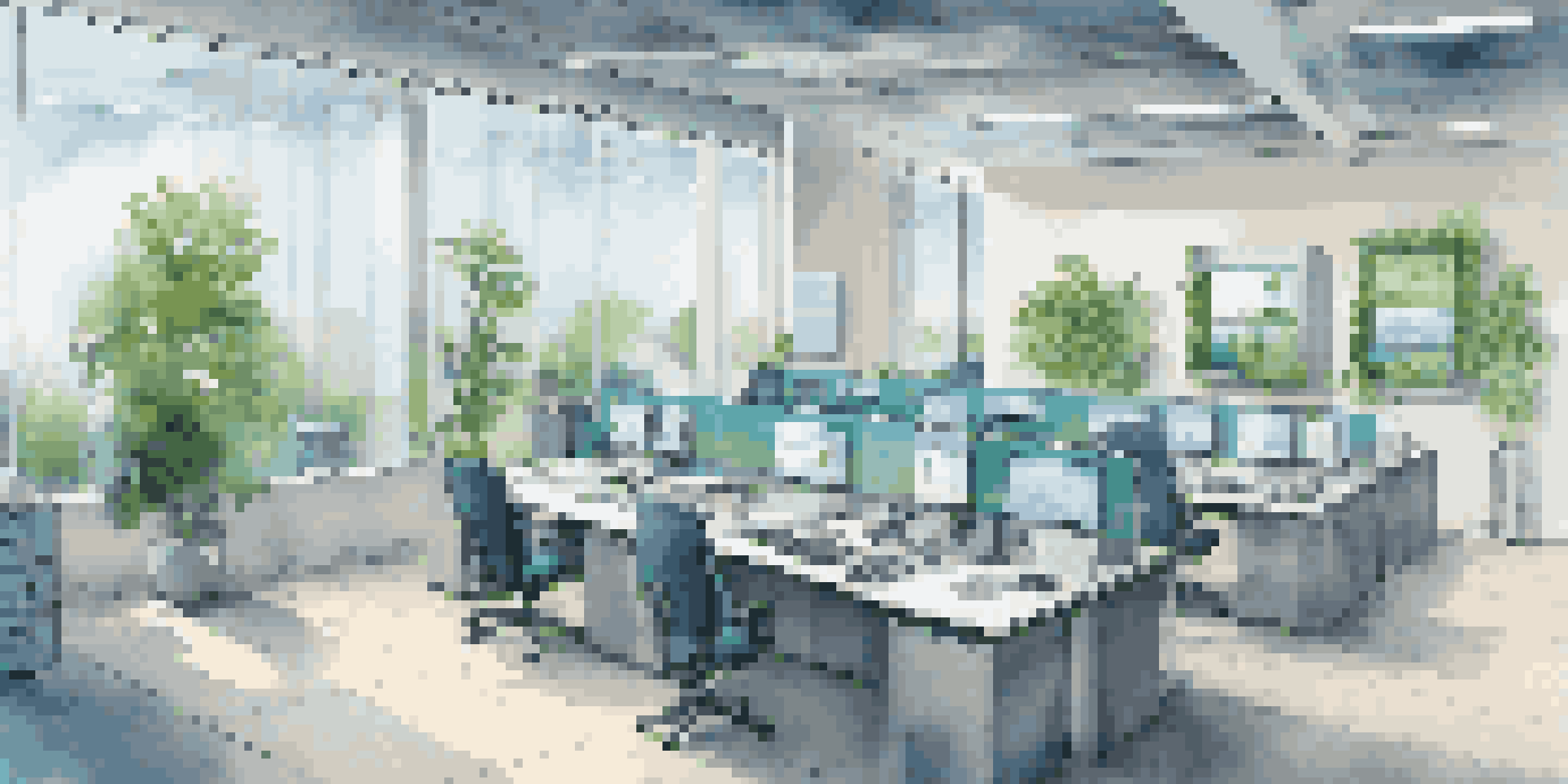 A modern office with a digital HVAC control panel displaying temperature and humidity, surrounded by contemporary furniture and plants, with natural light streaming in.