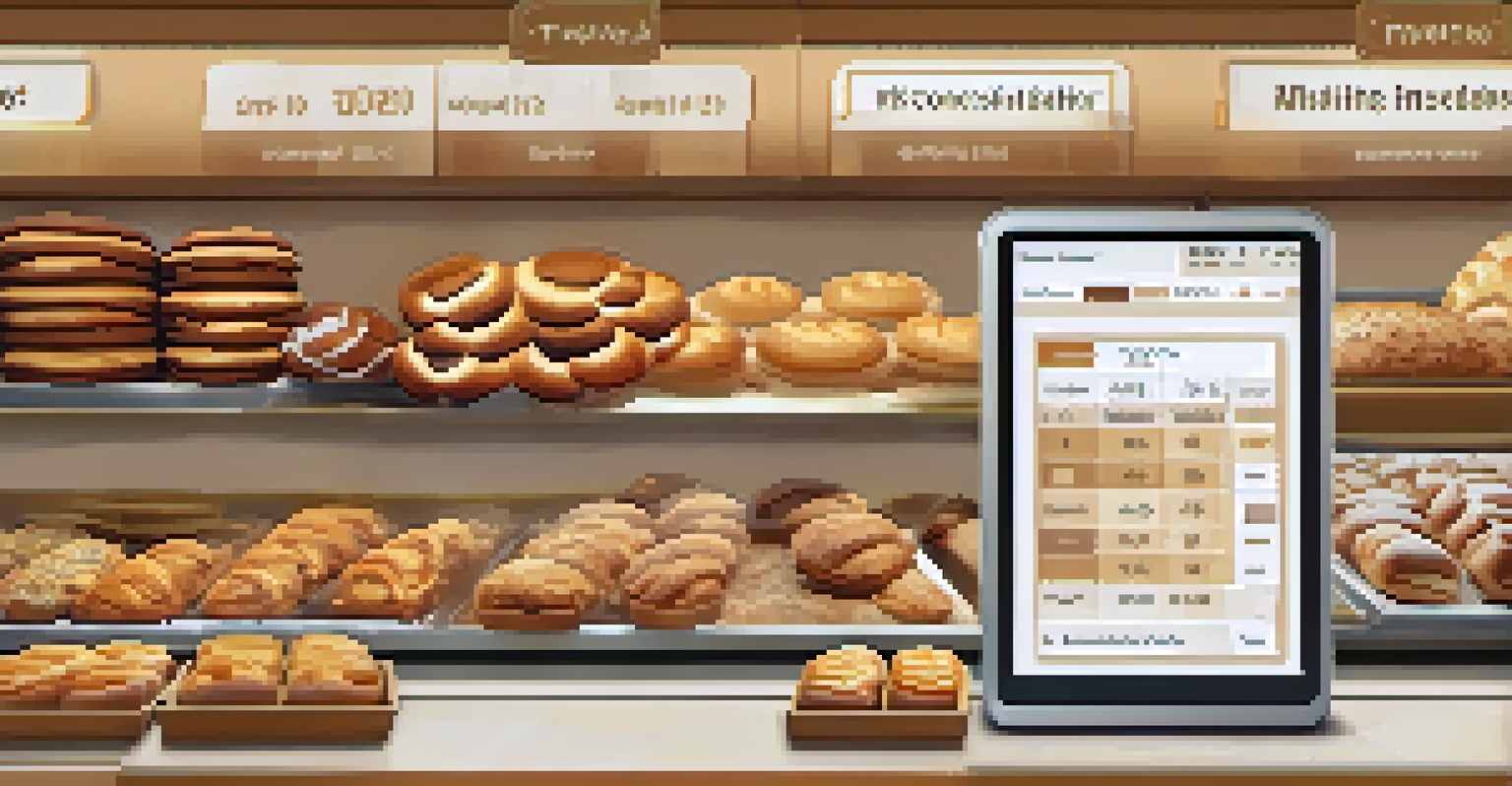 Close-up of a bakery inventory management screen showing predictive analytics for fresh goods with baked items in the background.