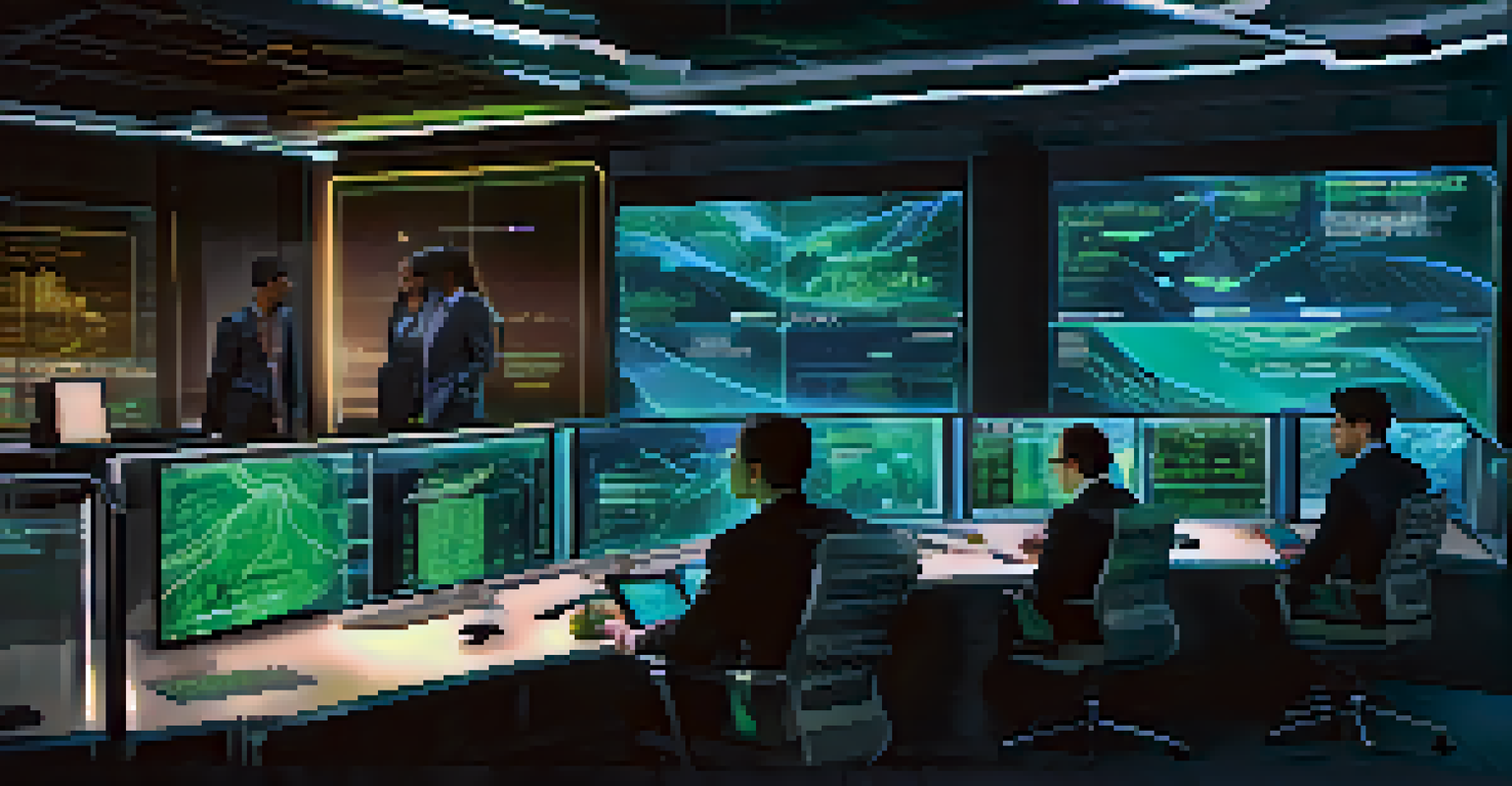 A futuristic control room with screens showing real-time data analysis for risk management, with a diverse team of analysts engaged in discussion.