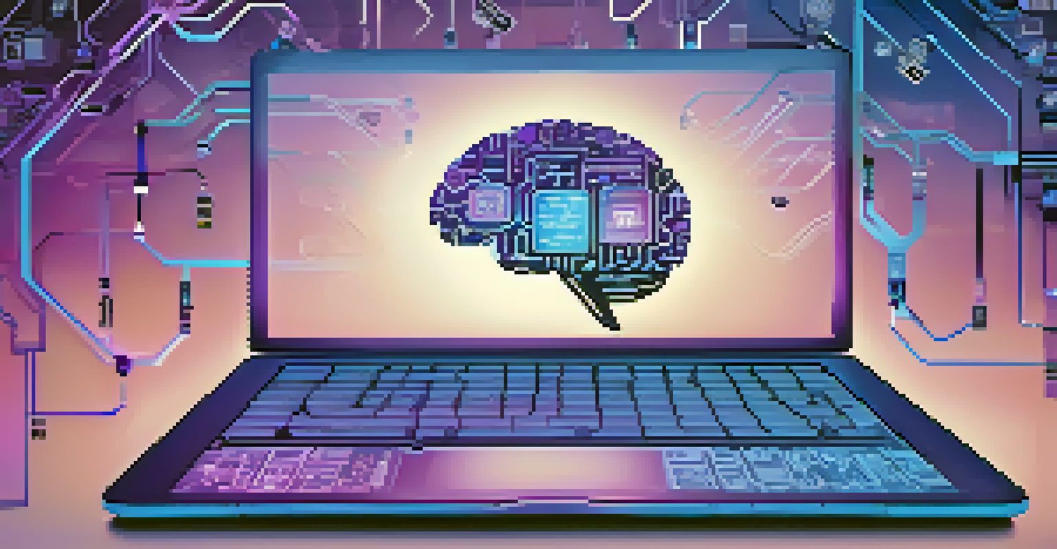 An abstract digital brain representing artificial intelligence in forensics with various digital device icons.