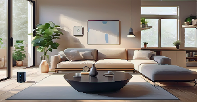 A modern living room with smart home devices, bright natural light, and minimalist decor.