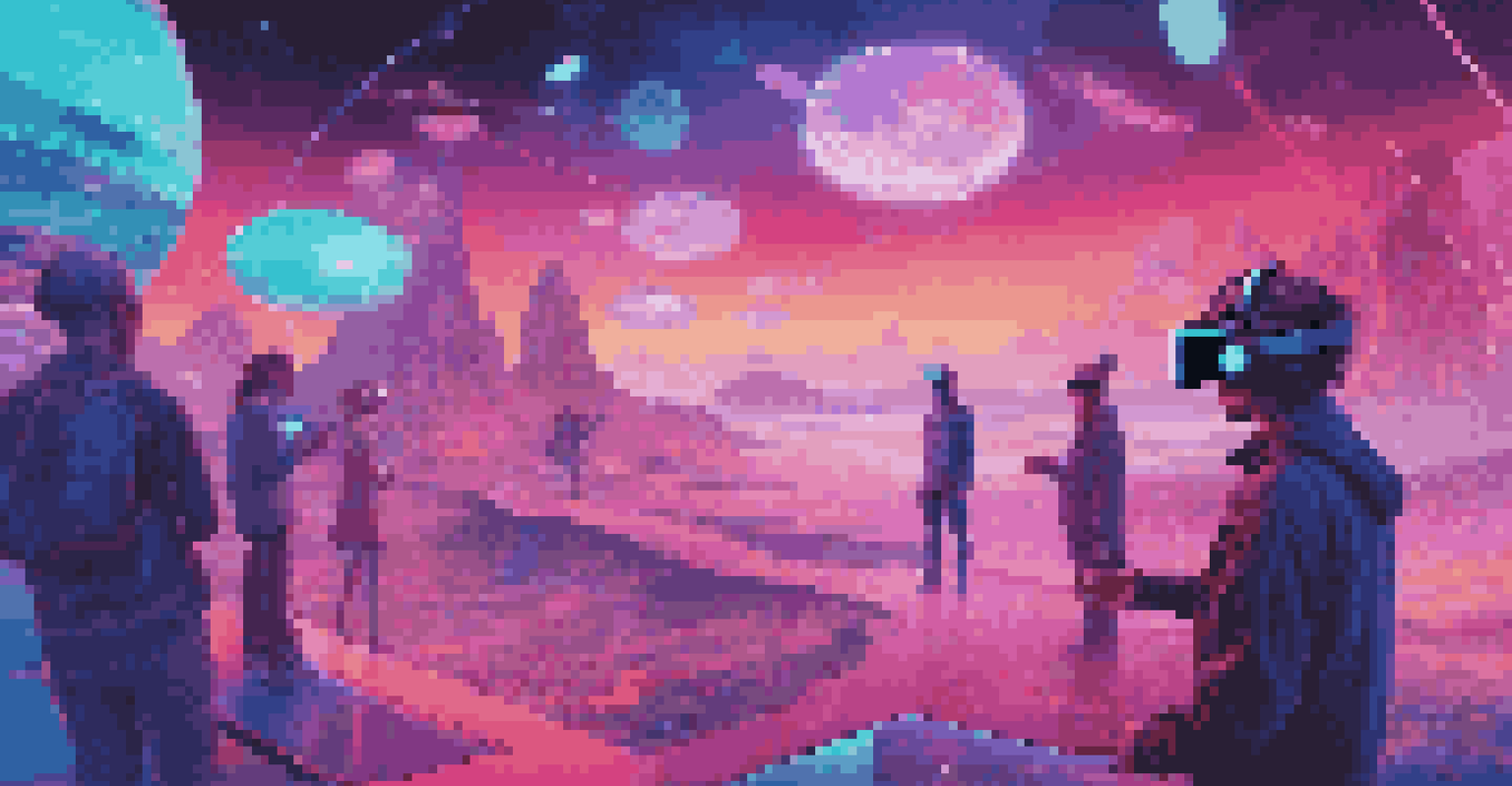 A futuristic landscape with users interacting with floating NFTs in a digital space, enhanced by neon colors and holographic displays.