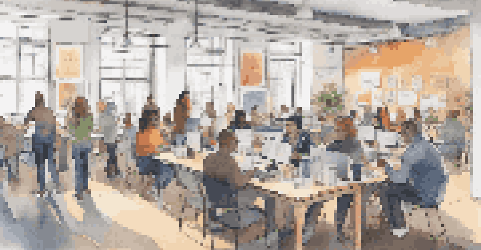 An open-source community event showcasing people of diverse backgrounds collaborating on laptops in a cozy indoor space.