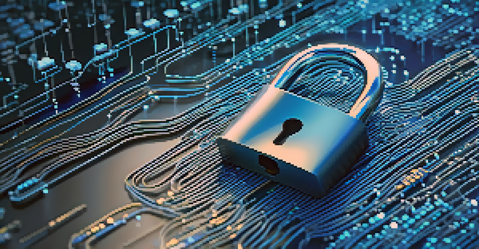 A padlock with circuit patterns on a background of flowing data streams and binary numbers, representing data encryption in IoT.